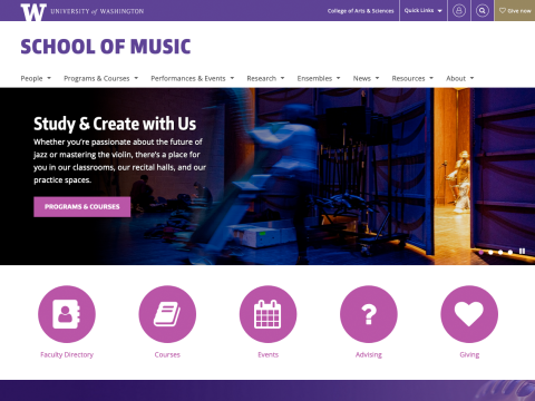 School of Music homepage screenshot